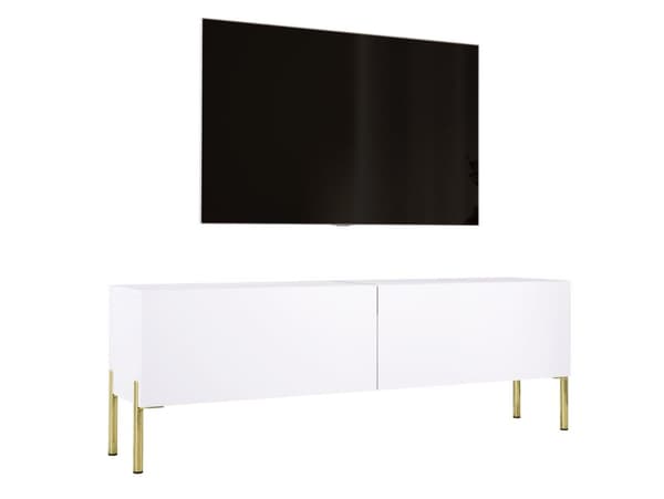 Televisiokaappi valkoisessa mattalla jaloilla kullassa, A: B: 140 cm, H: 52 cm, T: 32 cm