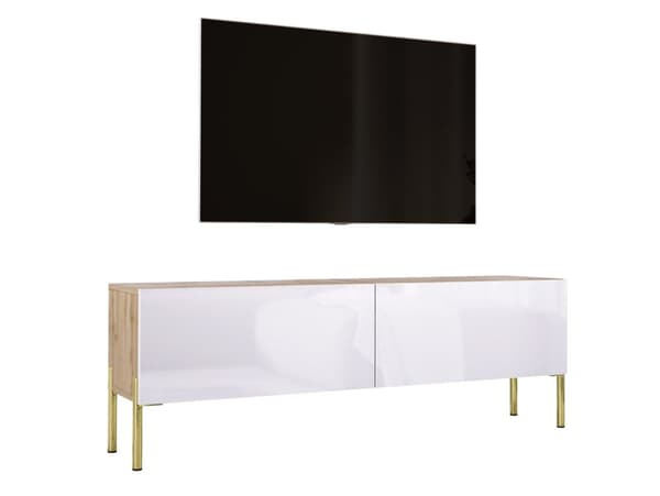 TV -kaappi Wotan -tammi/valkoinen korkea kiilto jaloilla kullassa, A: B: 140 cm, H: 52 cm, T: 32 cm