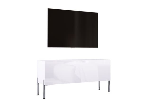TV -kaapin valkoinen matta/valkoinen kiiltävä jalat kromissa, A: B: 100 cm, H: 52 cm, T: 32 cm