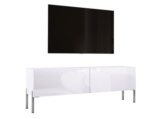 TV -skåp i vitt matt/vit glansig med ben i krom, A: B: 140 cm, h: 52 cm, t: 32 cm