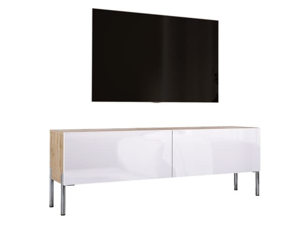 TV -skåp i Wotan Ek/Vit Högglans med benen i Krom, A: B: 140 cm, H: 52 cm, T: 32 cm