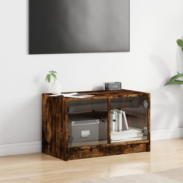 Tv-bänk med glasdörrar rökfärgad ek 68x37x42 cm