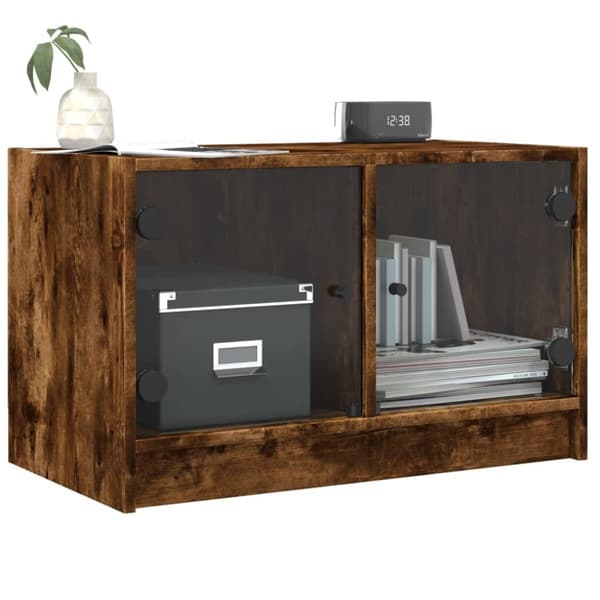 Tv-bänk med glasdörrar rökfärgad ek 68x37x42 cm