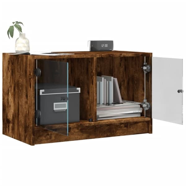 Tv-bänk med glasdörrar rökfärgad ek 68x37x42 cm