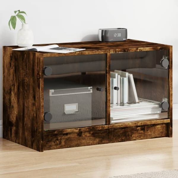 Tv-bänk med glasdörrar rökfärgad ek 68x37x42 cm