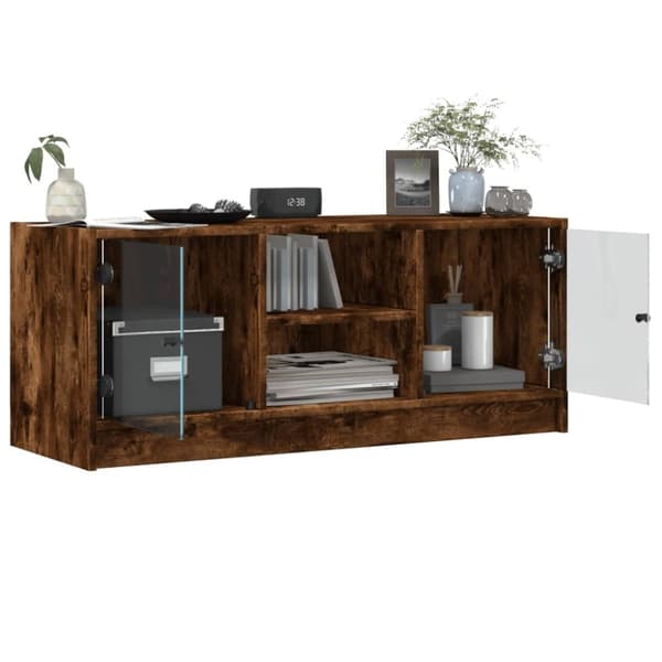 Tv-bänk med glasdörrar rökfärgad ek 102x37x42 cm