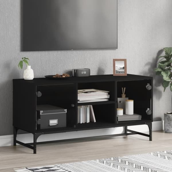 Tv-bänk med glasdörrar svart 102x37x50 cm
