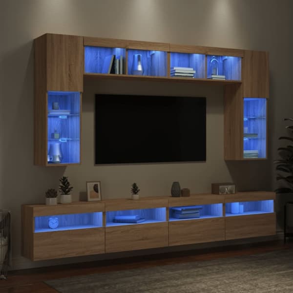 Väggmonterade tv-skåp 8 delar LEDs sonoma-ek