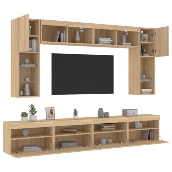 Väggmonterade tv-skåp 8 delar LEDs sonoma-ek