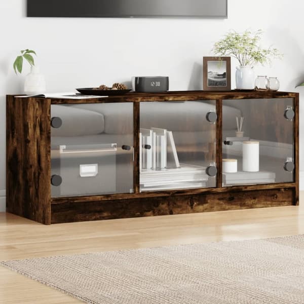 Tv-bänk med glasdörrar rökfärgad ek 102x37x42 cm