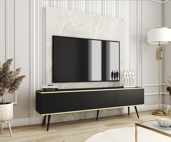 Tv-skåp I Svart Färg Med Svarta ben, D: L: 175 Cm, ​​H: Cm, D: 32 Cm. Vardagsrumsmöbler, tv-bänk, tv-bord