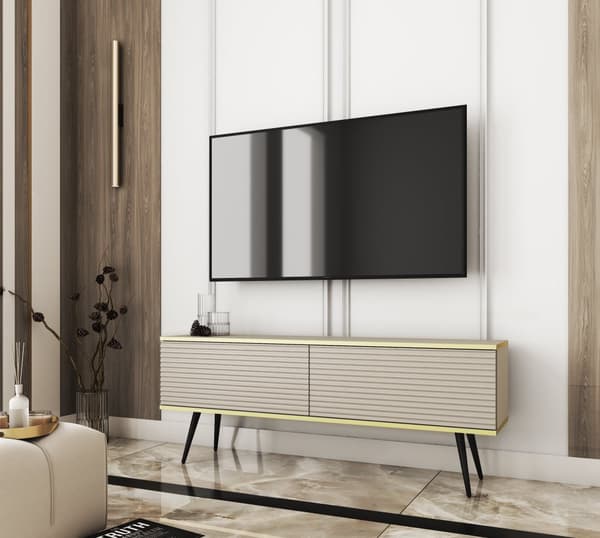 Tv-skab Med Lameller I Beige Farve Med Sorte ben, D: L: 135 Cm, ​​H: Cm, D: 32 Cm. Stuemøbler, tv-stativ, tv-bord