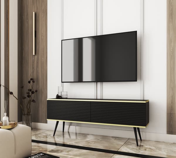 Tv-skab Med Lameller I Sort Farve Med Sorte ben, D: L: 135 Cm, ​​H: Cm, D: 32 Cm. Stuemøbler, tv-stativ, tv-bord
