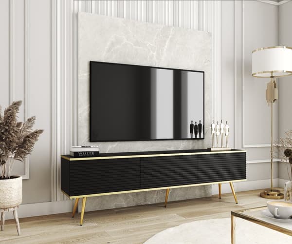 Tv-skab Med Lameller I Sort Farve Med Guld Ben, D: L: 175 Cm, ​​H: Cm, D: 32 Cm