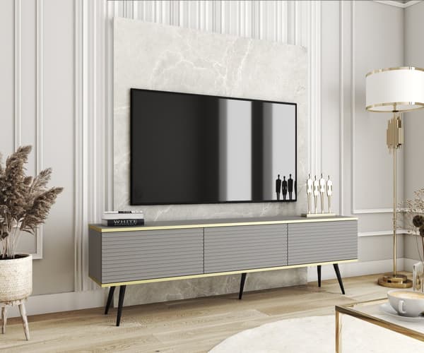 Tv-kaappi säleillä harmaalla ja Musta jaloilla, S: L: 175 cm, K: Cm, S: 32 cm