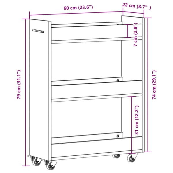 skab med hjul 60x22x79 cm konstrueret træ sonoma-eg