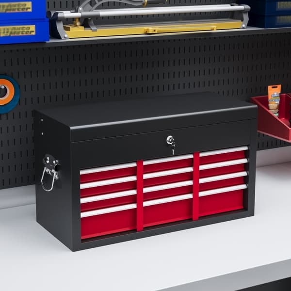 Rootz Tool Box - Låsbar förvaring - 3 lådor Organizer - Slitstarkt stål - Effektiv verktygshantering - 60cm x 26cm x 34cm - Röd+svart