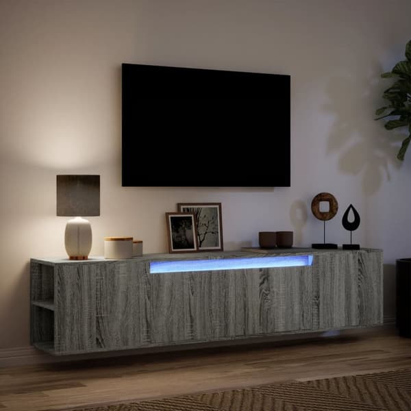 væghængt tv-bord med LED-lys 180x31x39,5 cm grå sonoma-eg