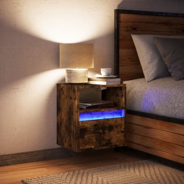 væghængt tv-bord med LED-lys 41x31x45 cm røget egetræsfarve