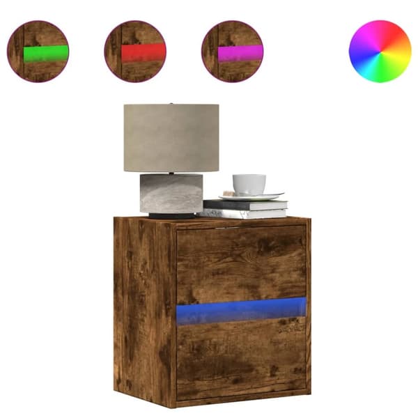væghængt tv-bord med LED-lys 41x31x45 cm røget egetræsfarve