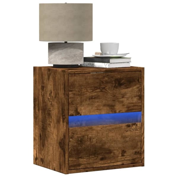 væghængt tv-bord med LED-lys 41x31x45 cm røget egetræsfarve