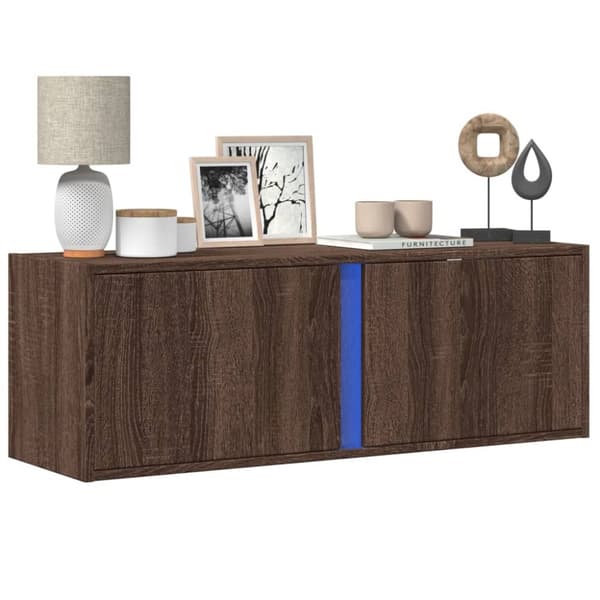 væghængt tv-bord med LED-lys 100x31x35 cm brun egetræsfarve