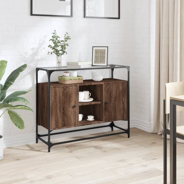 skænk med glastop 98x35x81 cm konstrueret træ brun egetræsfarve