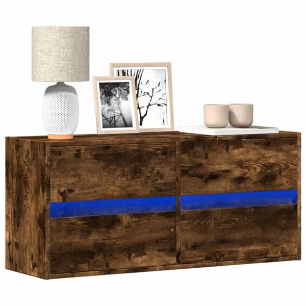 væghængt tv-bord med LED-lys 100x31x45 cm røget egetræsfarve