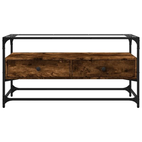 Tv-bänk med glasskiva rökfärgad ek 98x35x51 cm konstruerat trä