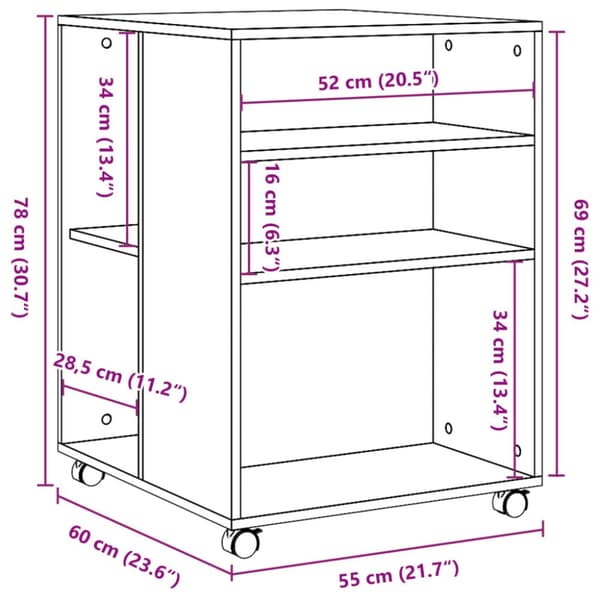 sidebord med hjul 55x60x78 cm konstrueret træ sonoma-eg