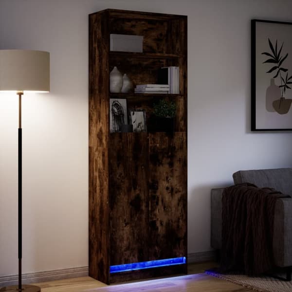 skab med LED-lys 69x32,5x200 cm konstrueret træ røget eg