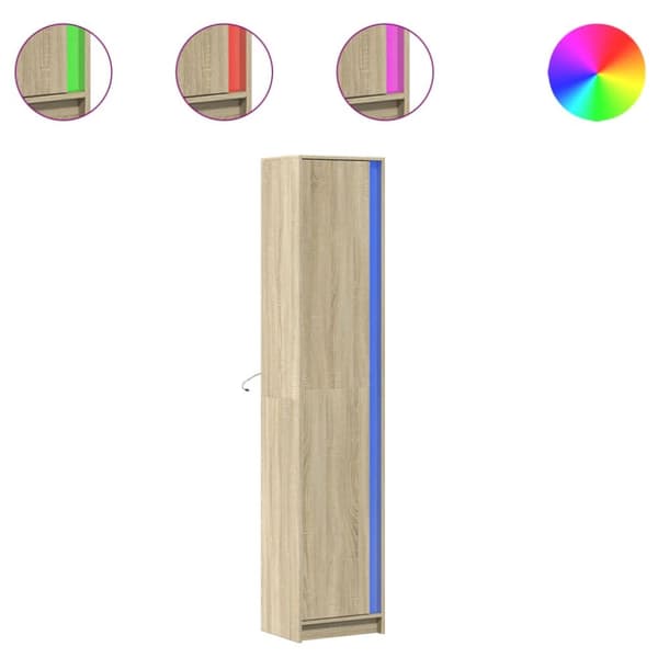 skab med LED-lys 41,5x32,5x200 cm konstrueret træ sonoma-eg