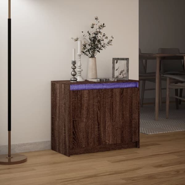 skab med LED-lys 72x34x61 cm konstrueret træ brun egetræsfarve