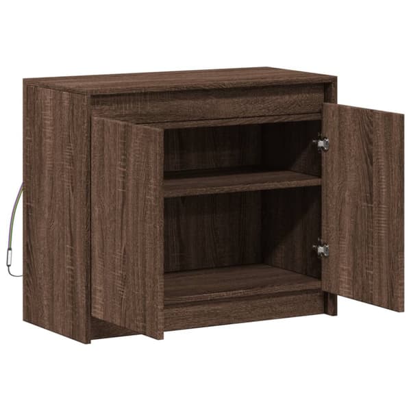 skab med LED-lys 72x34x61 cm konstrueret træ brun egetræsfarve
