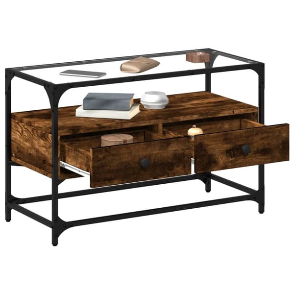 Tv-bänk med glasskiva rökfärgad ek 80x35x51 cm konstruerat trä