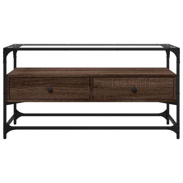 Tv-bänk med glasskiva brun ek 98x35x51 cm konstruerat trä