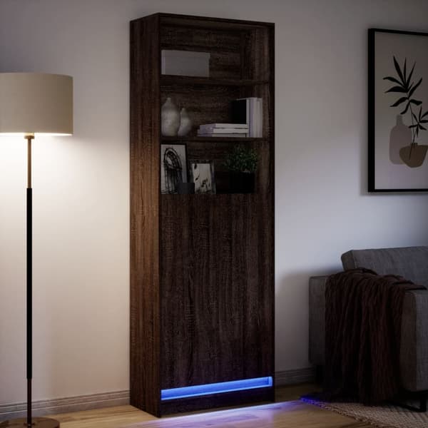 skab med LED-lys 69x32,5x200 cm konstrueret træ brunt eg
