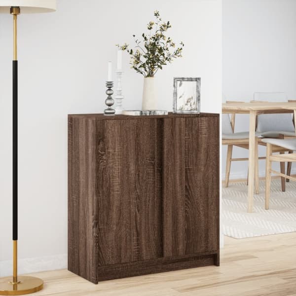 skab med LED-lys 77x34x85 cm konstrueret træ brun egetræsfarve