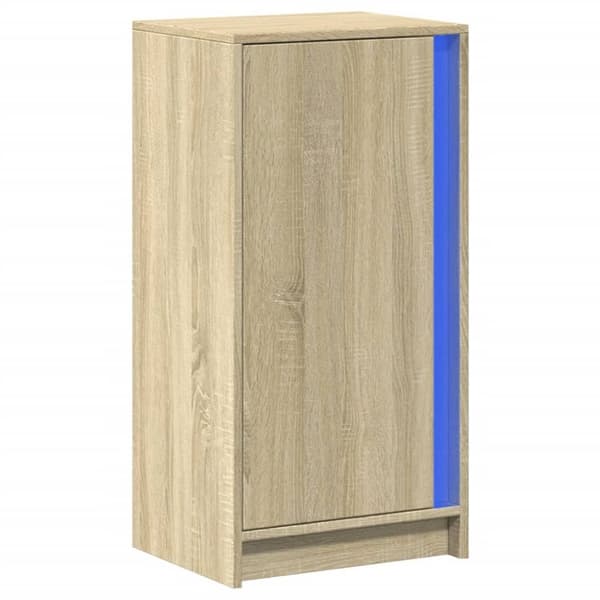 skab med LED-lys 42,5x34x85 cm konstrueret træ røget eg
