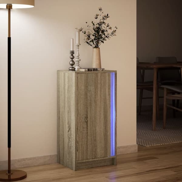 skab med LED-lys 42,5x34x85 cm konstrueret træ røget eg