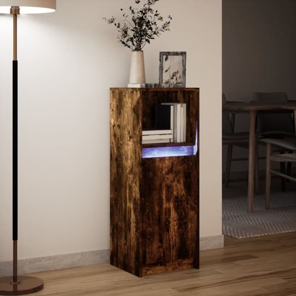 skab med LED 38x34x100 cm konstrueret træ røget egetræsfarve