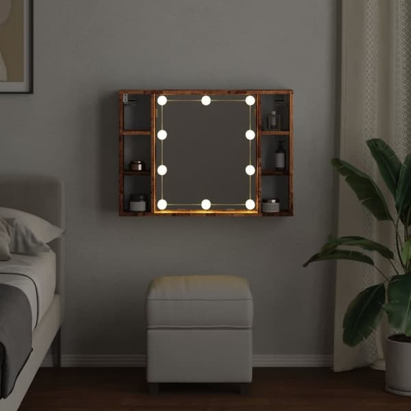spejlskab med LED-lys 76x15x55 cm konstrueret træ antikt træ