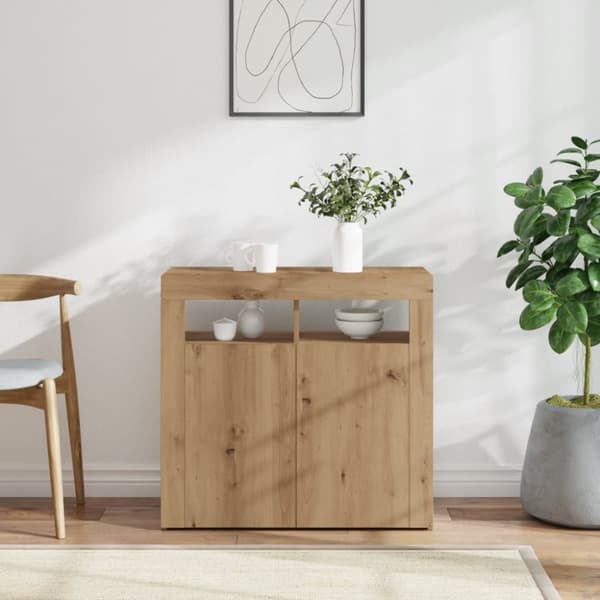 skænk med LED-lys 80x35x75 cm konstrueret træ kunsteg