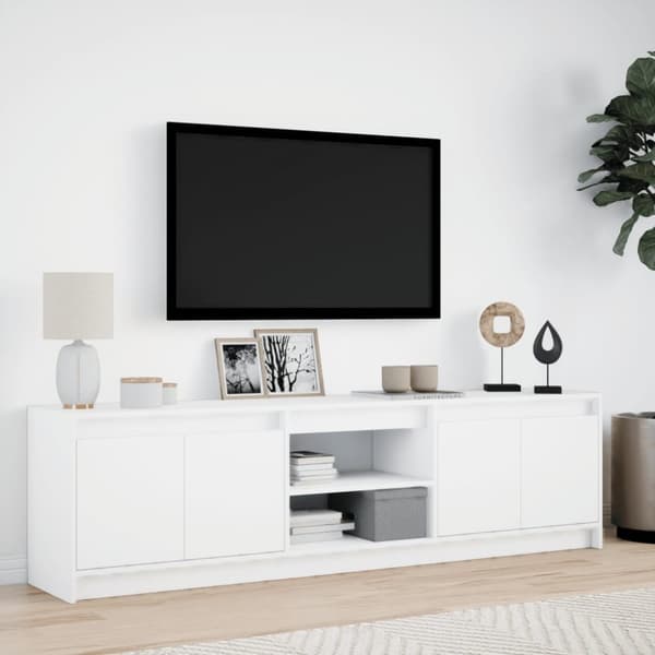 tv-bord med LED-lys 180x34x50 cm konstrueret træ hvid