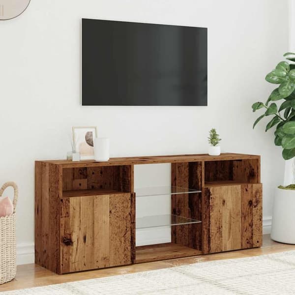 tv-bord m. LED-lys 120x30x50 cm konstrueret træ antikt træ