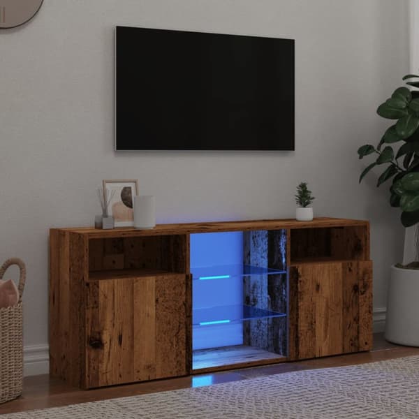 tv-bord m. LED-lys 120x30x50 cm konstrueret træ antikt træ