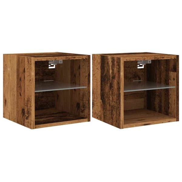 Väggmonterad tv-bänk LED 2 st gammalt trä 30x28,5x30 cm