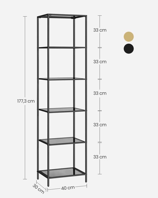 Plank - 6 hyllor - svartgrå härdat glas