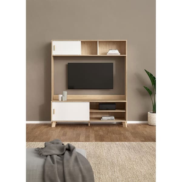 Ikast hylle system til TV, 2 skyvedører eik dekor, hvit.