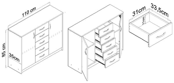 Kommode skab 2D5S WHITE-SONOMA skuffehylde